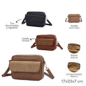 MORRAL 17X23X7CM TIRA DESMONTABLE, BOLSILLO FRONTAL, ANTIRROBO, BOLSILLO Y COMPARTIMENTO INTERNO 225