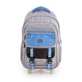 MOCHILA 18" C/CARRO GRIS/CELESTE POWER OF COLOR  4 CIERRES + 5 TIRACIERRES DE GOMA  3 BOLSILLOS FRONTALES CON AMPLIA CAPACIDAD DE GUARDADO  2 BOLSILLOS LATERALES PARA GUARDAR BOTELLA  SISTEMA DE CIERRE CON 2 HEBILLAS Y TIRAS CON DISEÑO RUEDAS DE PVC