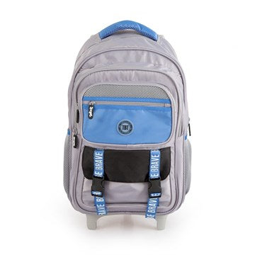 MOCHILA 18" C/CARRO GRIS/CELESTE POWER OF COLOR  4 CIERRES + 5 TIRACIERRES DE GOMA  3 BOLSILLOS FRONTALES CON AMPLIA CAPACIDAD DE GUARDADO  2 BOLSILLOS LATERALES PARA GUARDAR BOTELLA  SISTEMA DE CIERRE CON 2 HEBILLAS Y TIRAS CON DISEÑO RUEDAS DE PVC