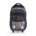 MOCHILA 18" C/CARRO NEGRO/AZUL POWER OF COLOR 4 CIERRES + 5 TIRACIERRES DE GOMA * 3 BOLSILLOS FRONTALES CON AMPLIA CAPACIDAD DE GUARDADO * 2 BOLSILLOS LATERALES PARA GUARDAR BOTELLA * SISTEMA DE CIERRE CON 2 HEBILLAS Y TIRAS CON DISEÑO * RUEDAS DE PV