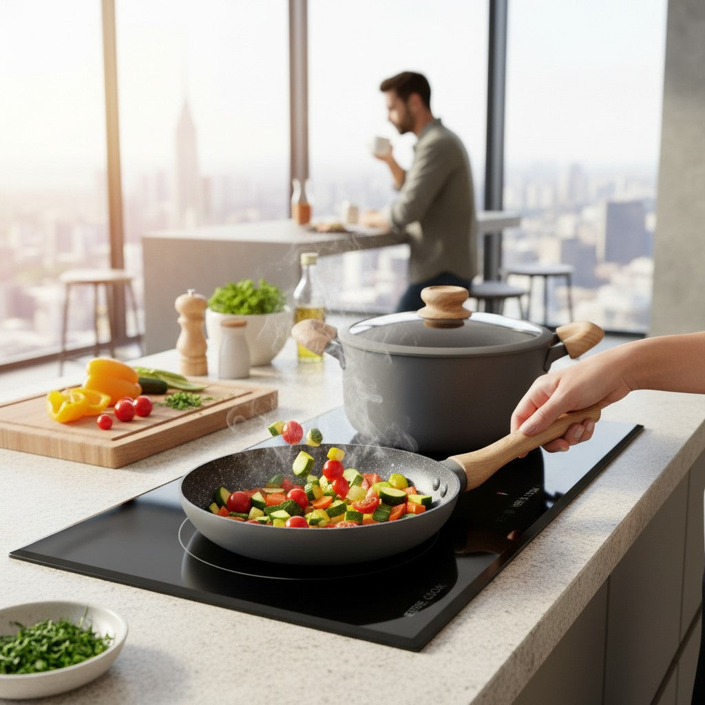Batería de cocina WISHFUL de 5 piezas en aluminio esmaltado gris con efecto granito y mangos de madera en uso
