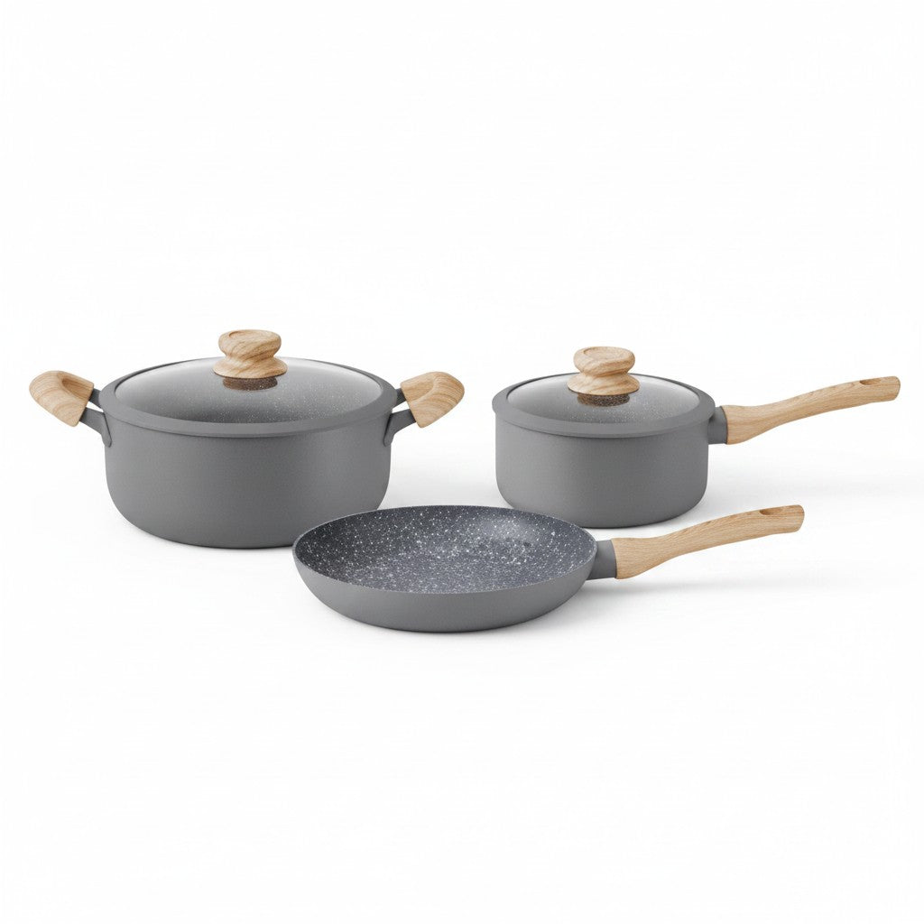 Batería de cocina WISHFUL de 5 piezas en aluminio esmaltado gris con efecto granito y mangos de madera