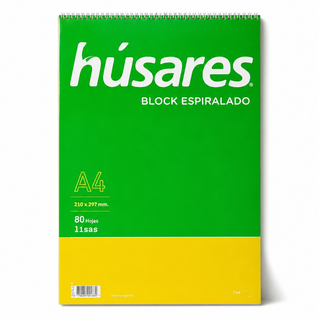 Block de hojas lisas A4 con espiral Húsares de WISHFUL, con portada verde y amarilla