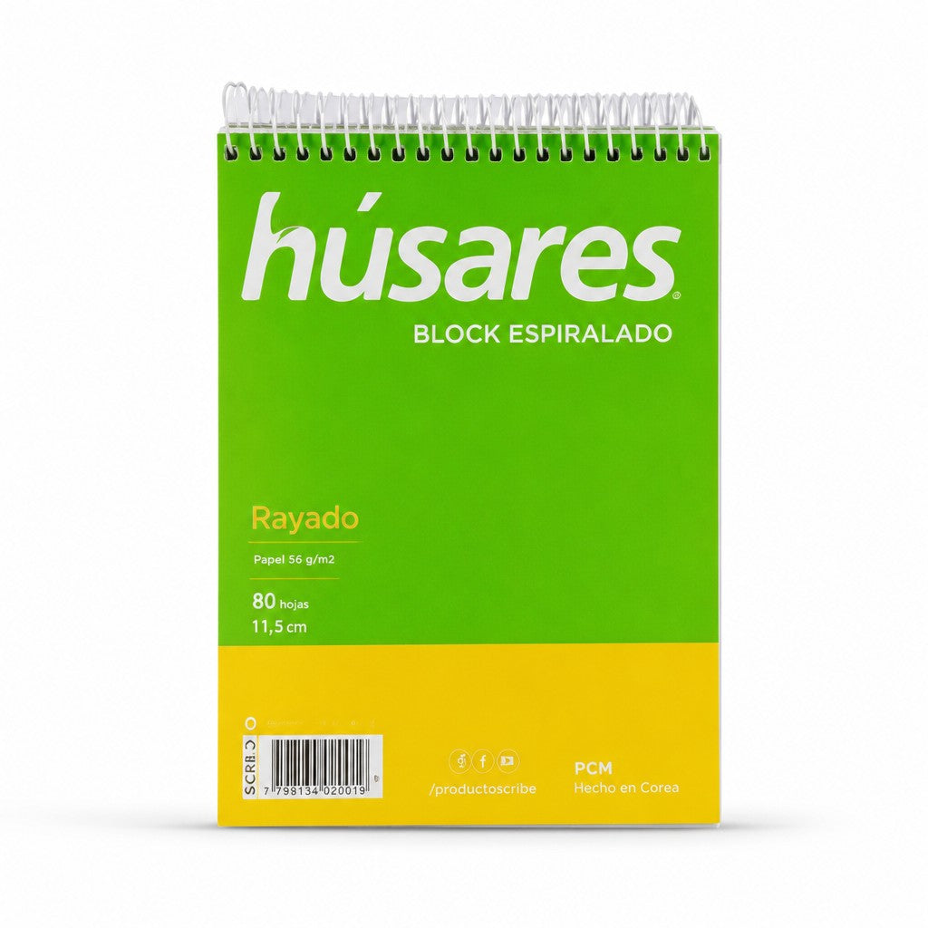 Block de notas espiralado Húsares de 80 hojas, diseño liso en color verde y amarillo, marca WISHFUL.