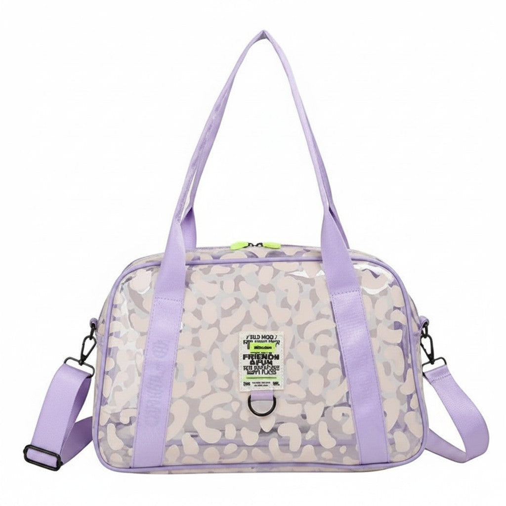 Bolso bowling WISHFUL de color lila con estampado animal print, diseño transparente y correas ajustables.