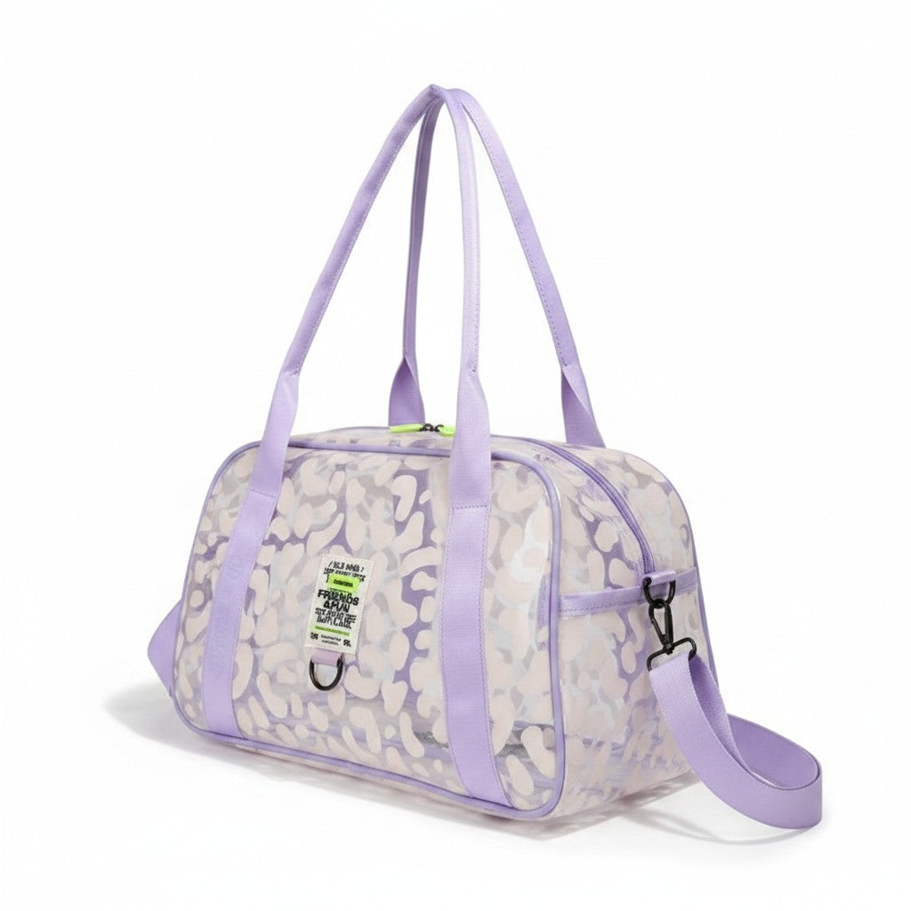 Bolso bowling WISHFUL Delfi transparente con estampado de leopardo lila y correas ajustables
