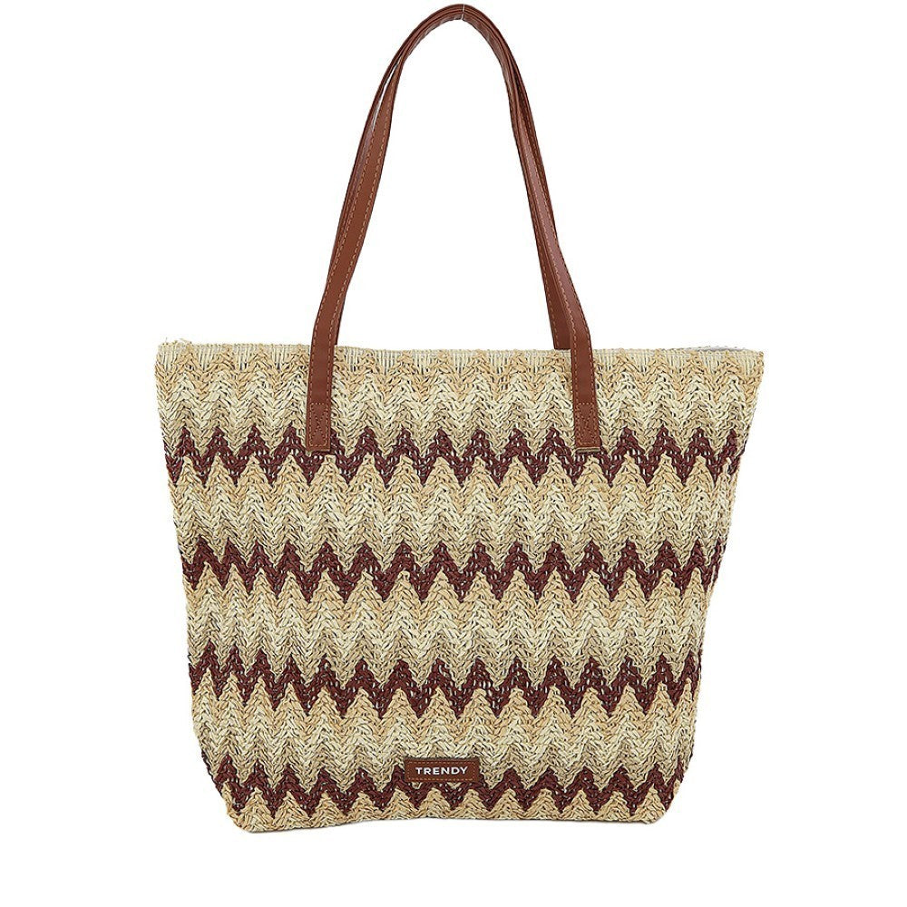 Bolso de playa WISHFUL de paja con diseño de ondas en tonos beige y marrón y asas largas de cuero sintético