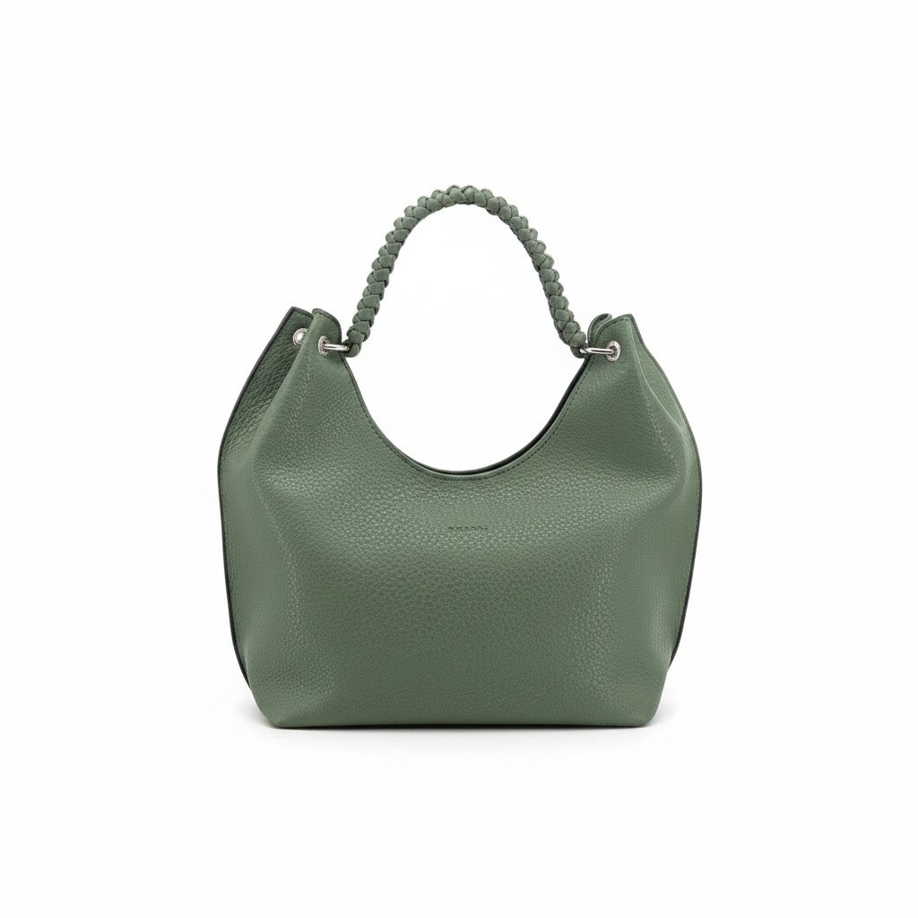 Bolso WISHFUL de cuero graneado verde con asa superior trenzada y diseño hobo elegante