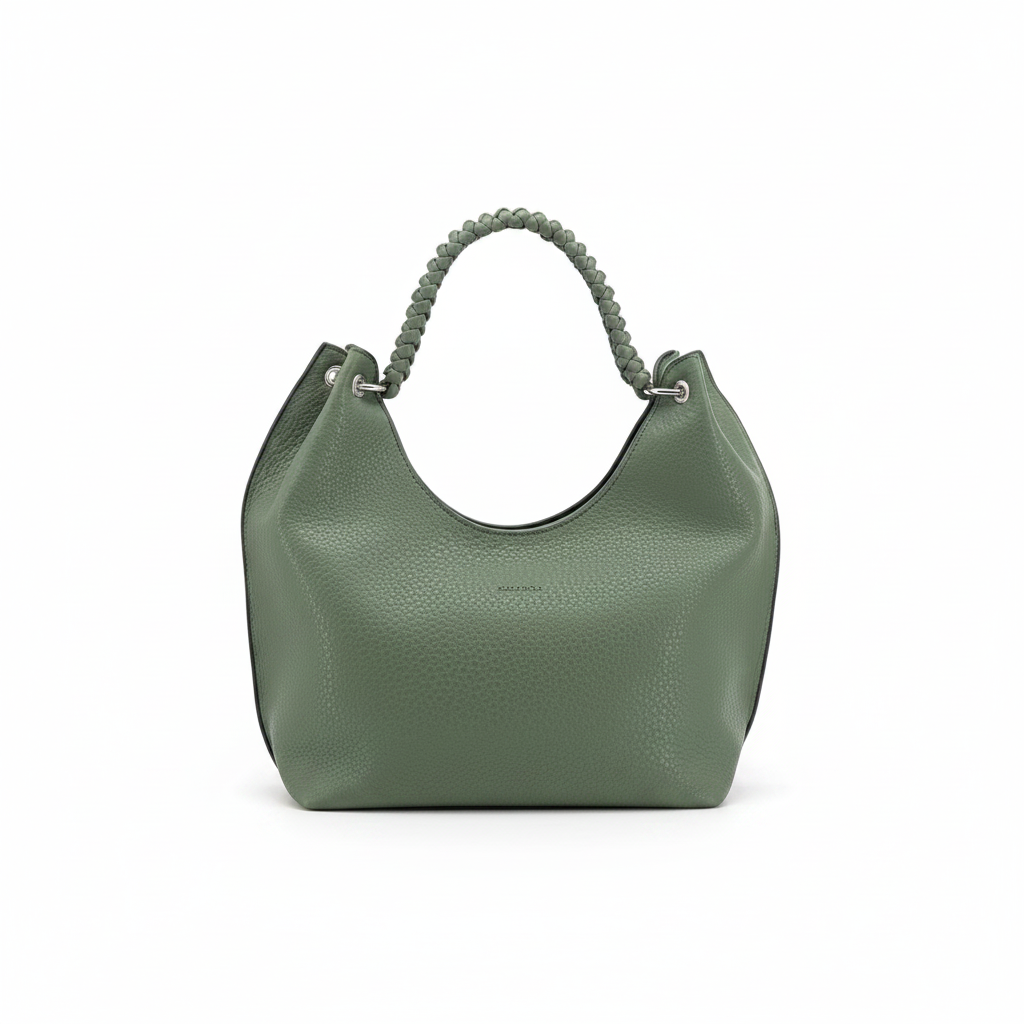 Bolso WISHFUL de cuero sintético graneado en color verde oliva con asa superior trenzada y herrajes plateados