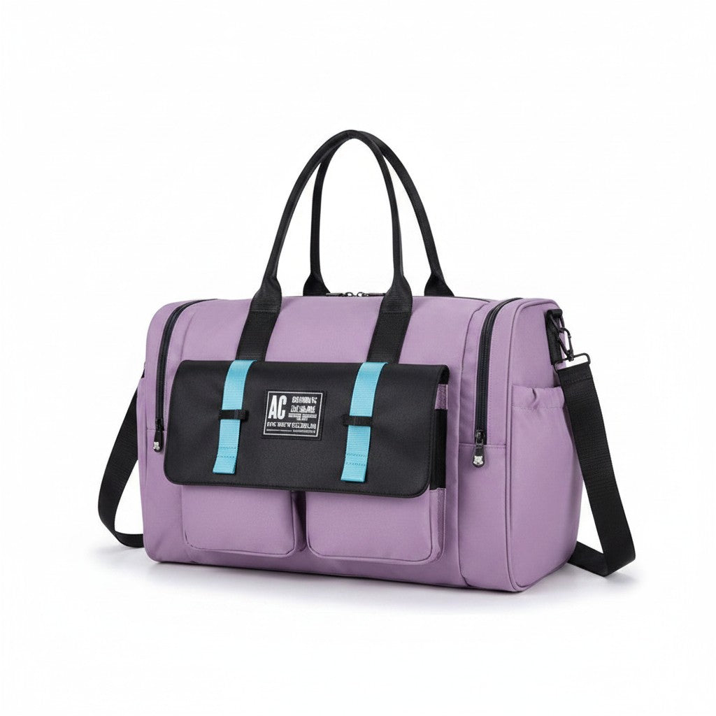 Bolso de viaje WISHFUL de 20 pulgadas en color lila con detalles en negro y correas azul claro de nylon y PU