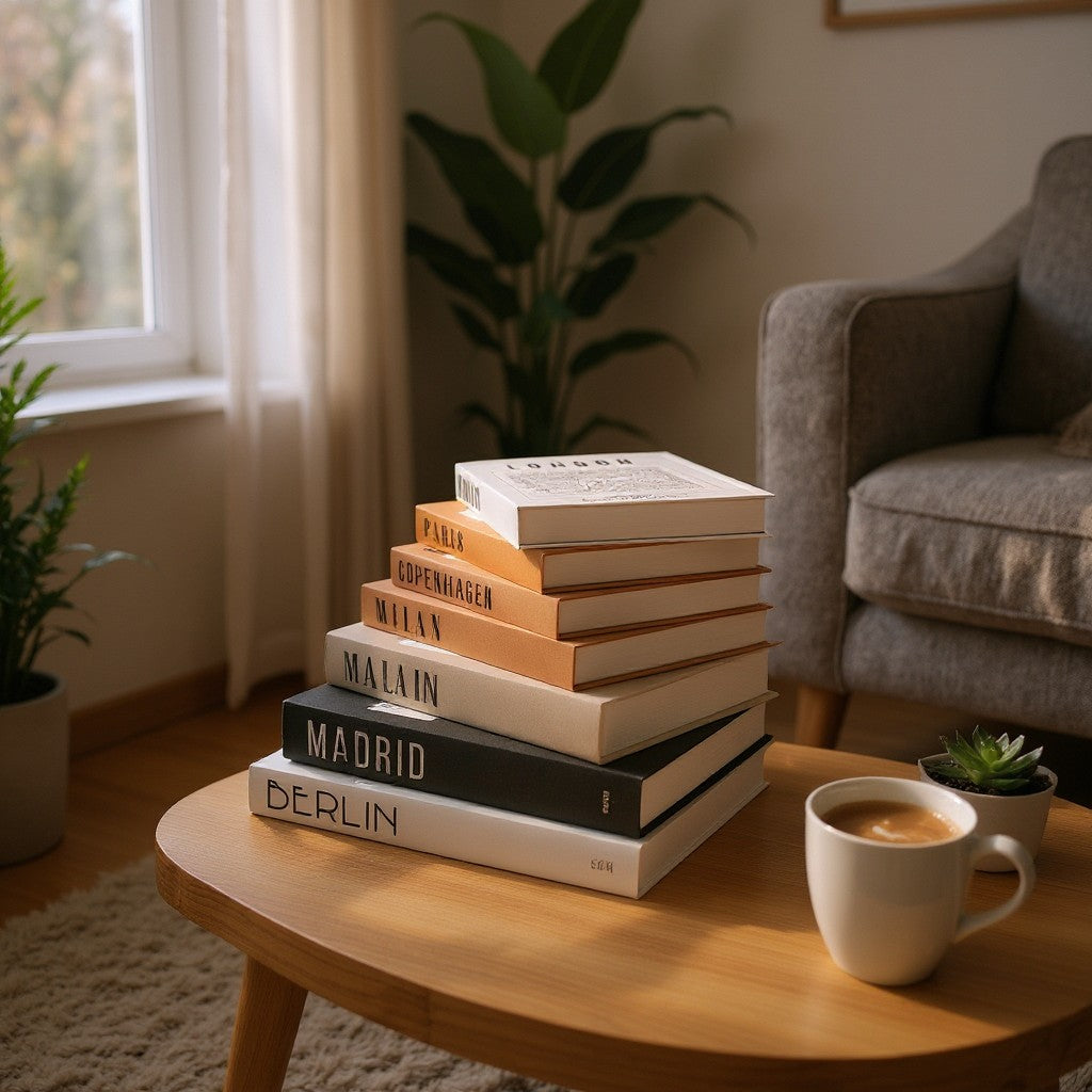 Set de cajas decorativas WISHFUL con diseño de libros falsos en tonos neutros apilados sobre una mesa de madera