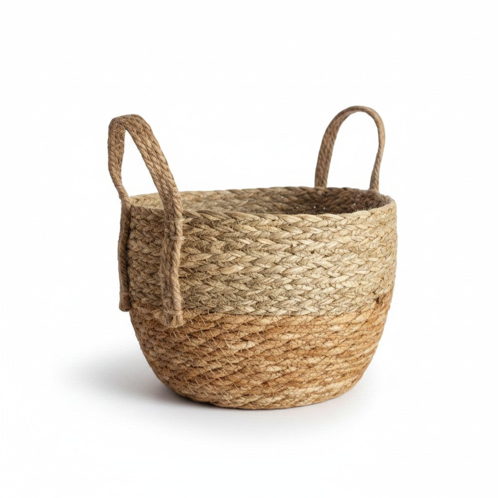 Canasto WISHFUL de seagrass trenzado en dos tonos con asas laterales, ideal para organización decorativa del hogar.