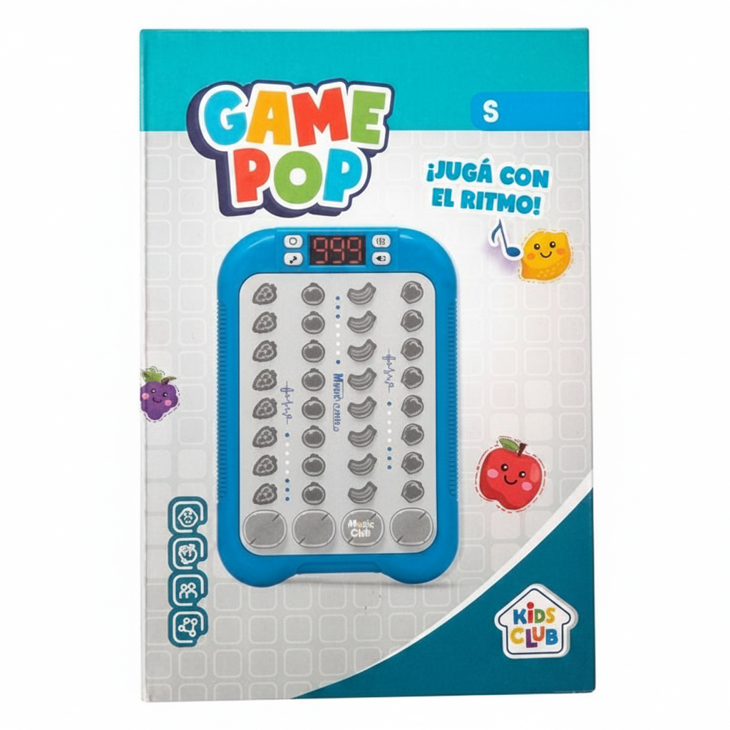 Consola de juegos musicales azul Game Pop de WISHFUL con botones de frutas y pantalla digital para niños