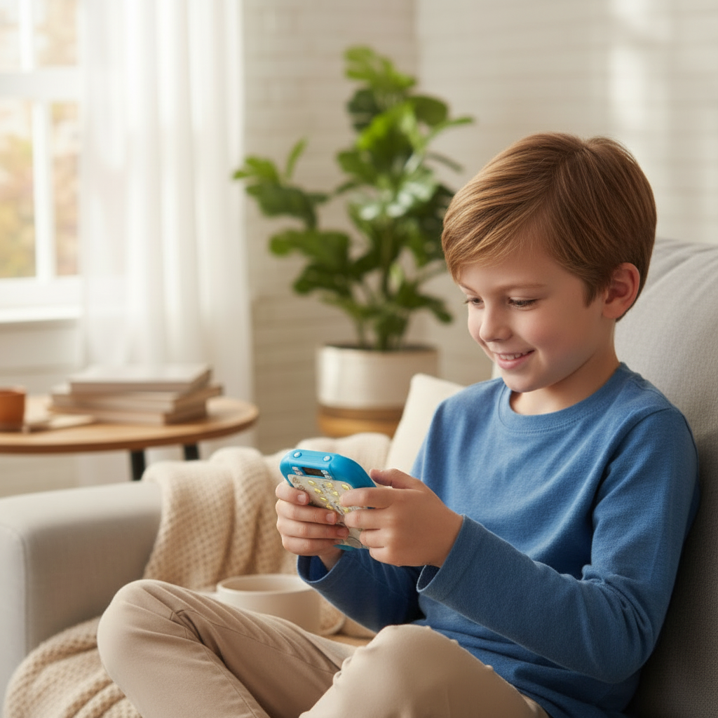 Niño sonriente jugando con una consola de música portátil WISHFUL de color azul sentado en un sofá