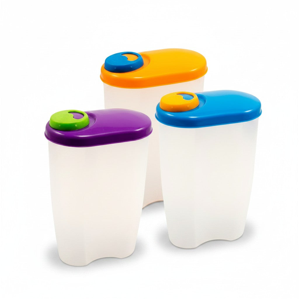 Set de tres contenedores de plástico WISHFUL con tapas de colores vibrantes para almacenamiento de cocina