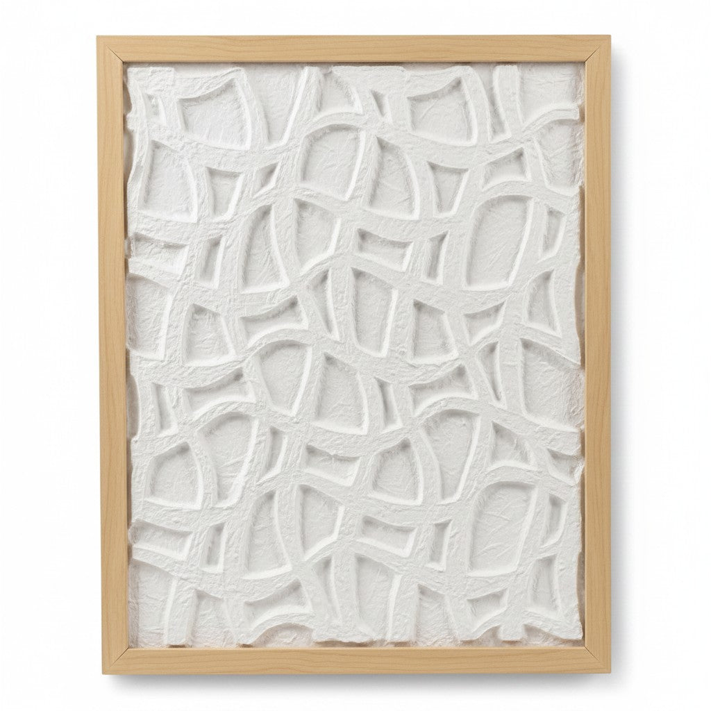 Cuadro decorativo WISHFUL de 50x40 cm con relieve blanco abstracto y marco de madera de bambú natural.