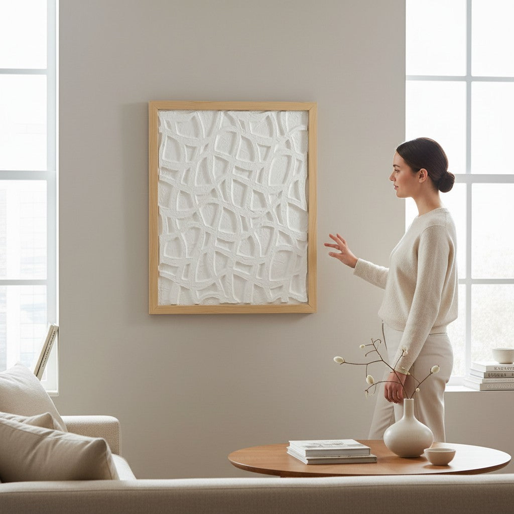 Cuadro decorativo WISHFUL de 50x40 cm con relieve blanco abstracto y marco de madera de bambú en salón moderno