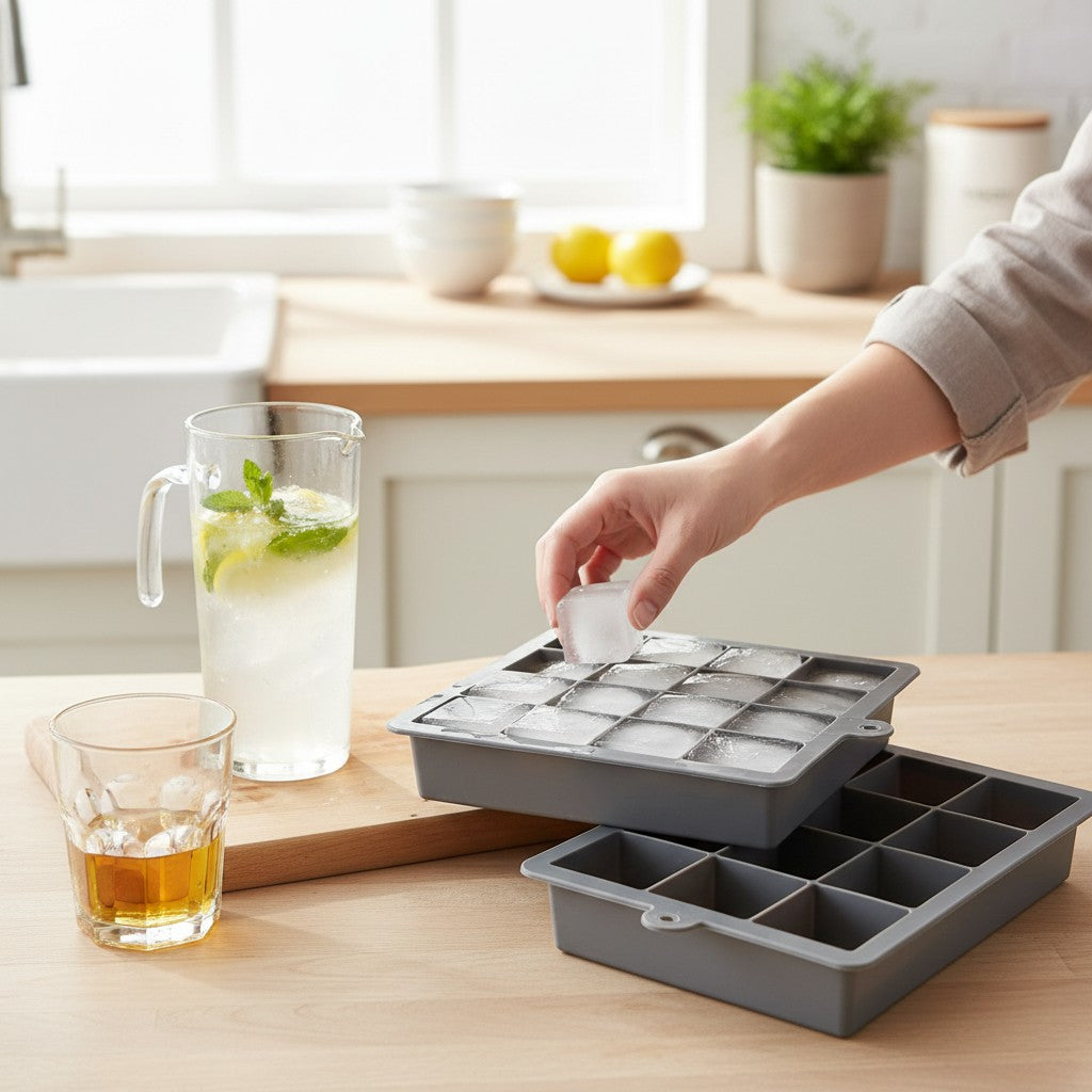 Cubetera de silicona gris WISHFUL de 15 espacios para hielos sobre una mesa de cocina con una jarra de limonada