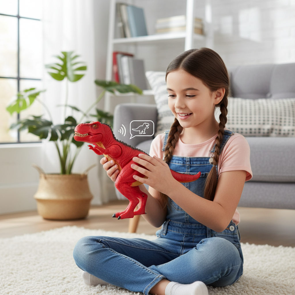 Niña sonriente jugando con un dinosaurio rojo con sonido de la marca WISHFUL en una sala de estar luminosa