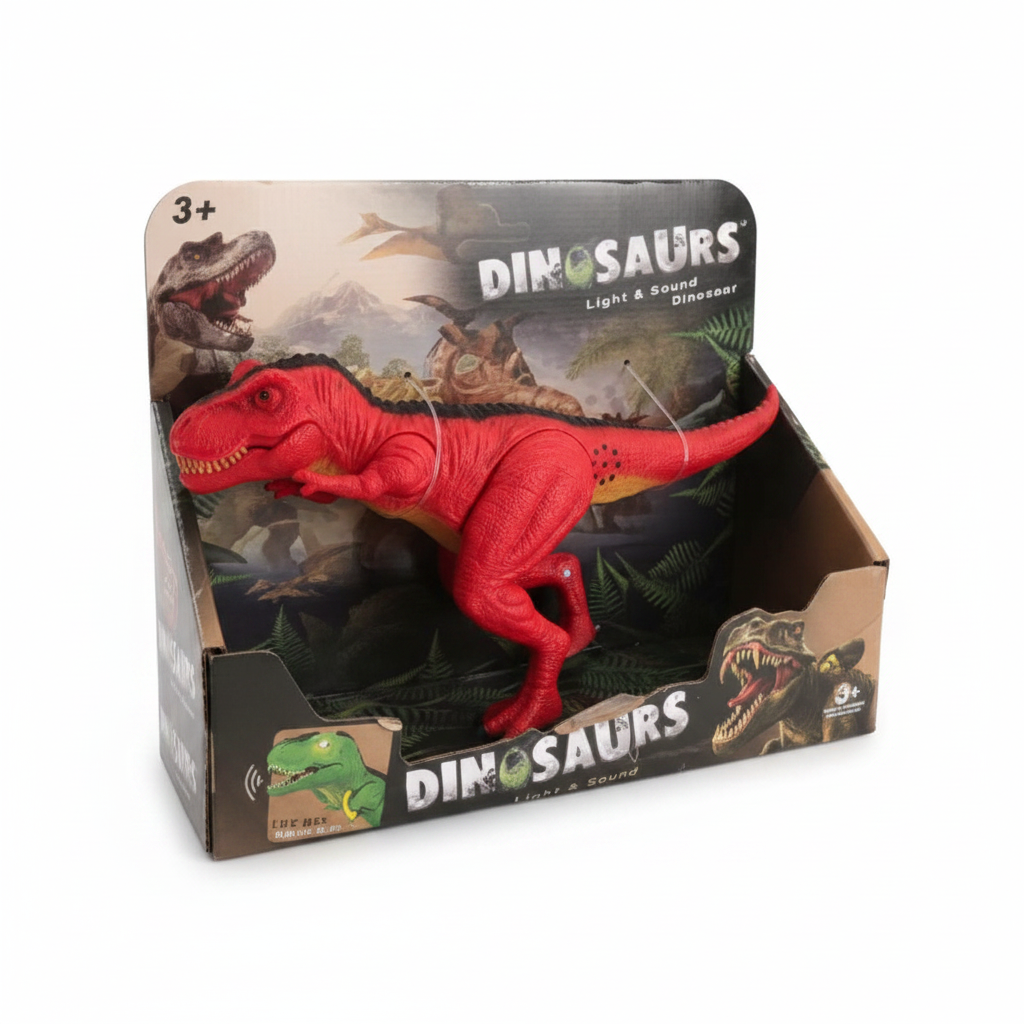 Juguete de dinosaurio T-Rex rojo con luz y sonido de la marca WISHFUL en su caja de presentación