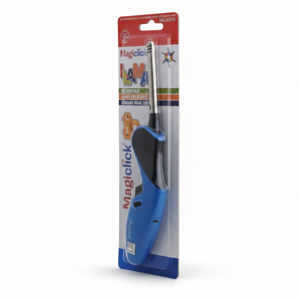 Encendedor recargable WISHFUL Magiclick de color azul y negro con boquilla larga en su empaque original