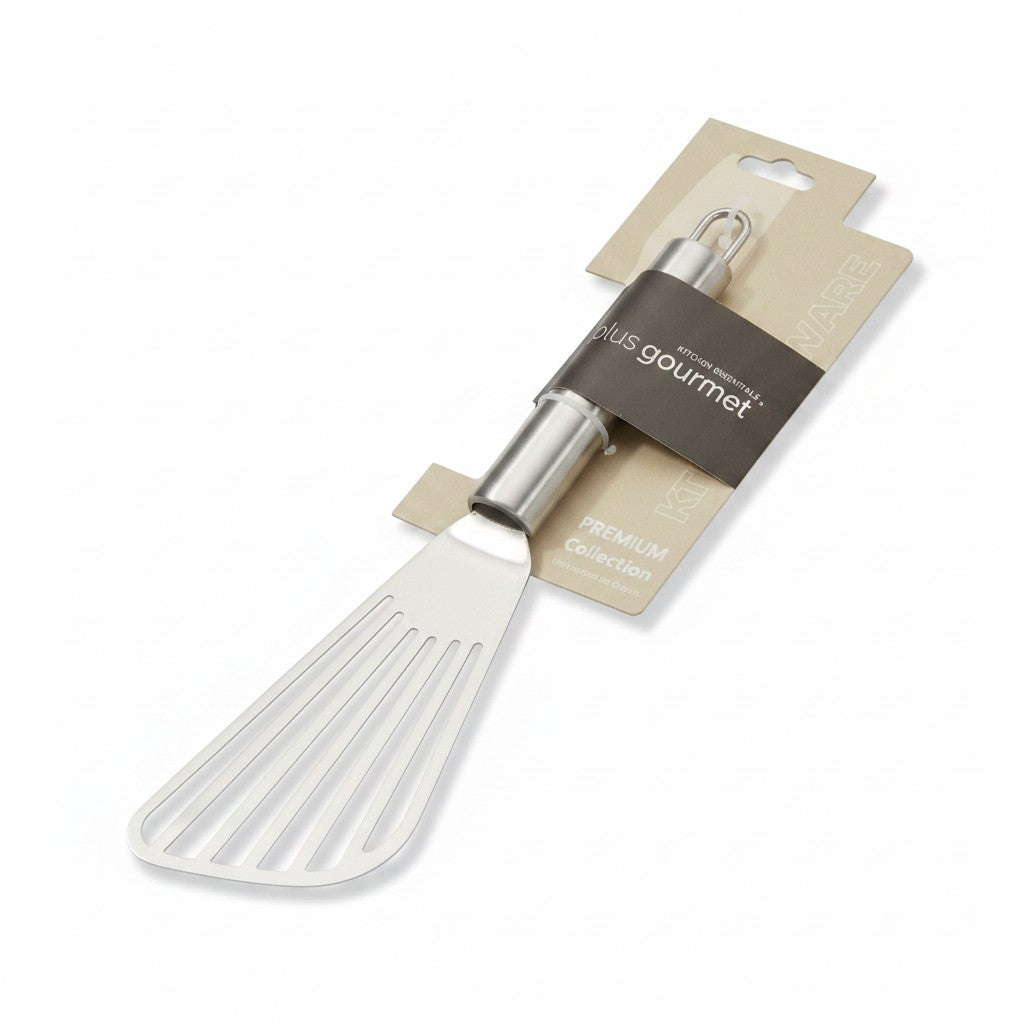 Espátula de acero inoxidable WISHFUL con ranuras para cocina, presentada en empaque tipo blíster.