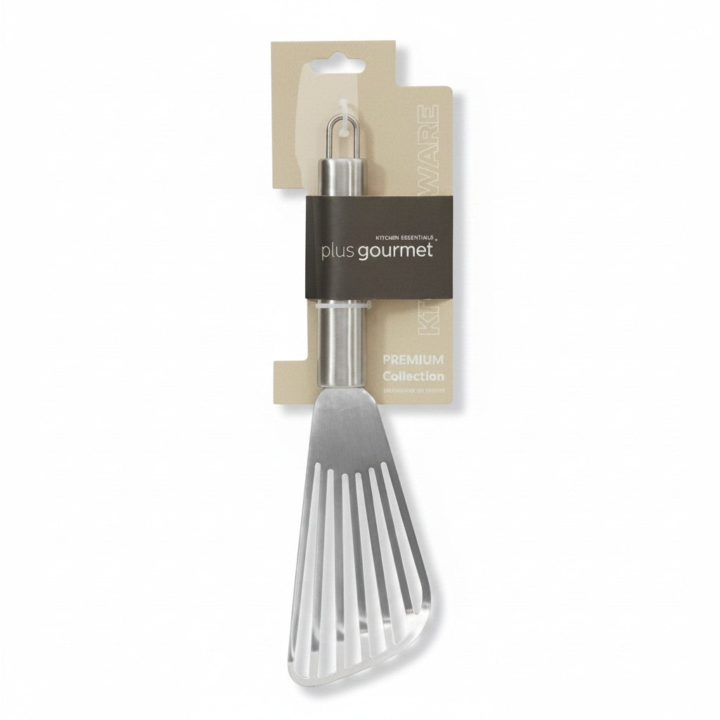 Espátula de cocina WISHFUL de acero inoxidable con ranuras, presentada en blíster de la colección Premium.