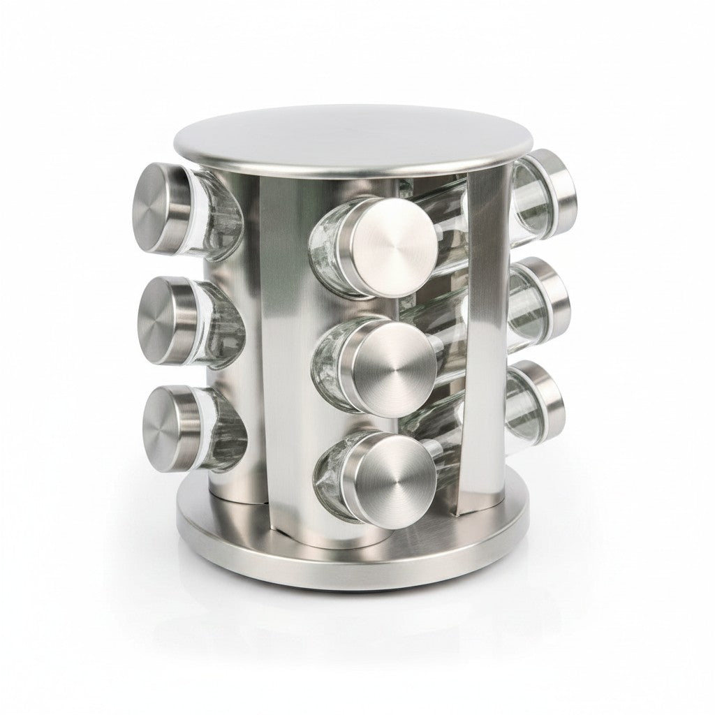 Especiero giratorio WISHFUL de acero inoxidable con 12 frascos de vidrio para organizar especias en la cocina