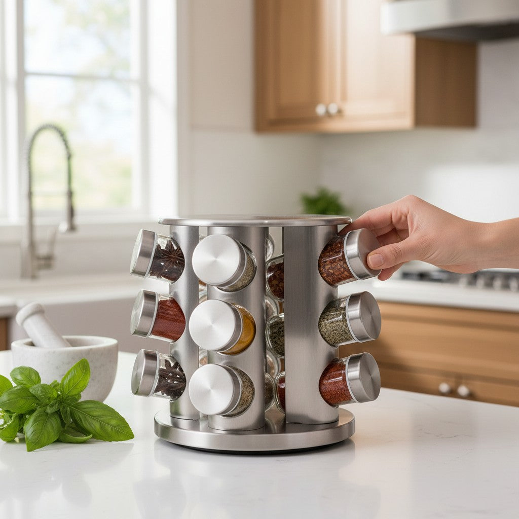 Especiero giratorio WISHFUL de acero inoxidable con 12 frascos de vidrio para especias sobre encimera de cocina