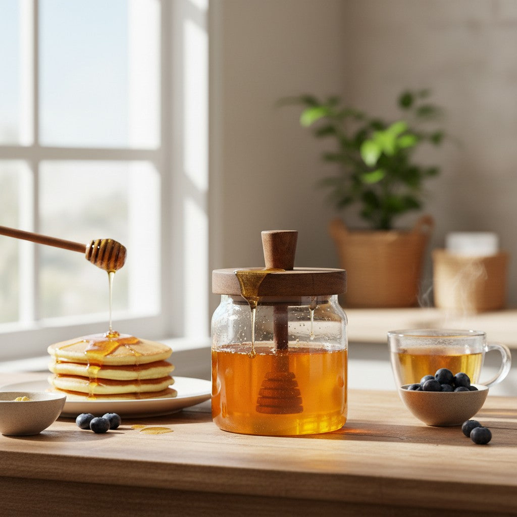 Frasco mielera de vidrio WISHFUL de 400ml con tapa de madera y cuchara dosificadora sobre mesa de madera