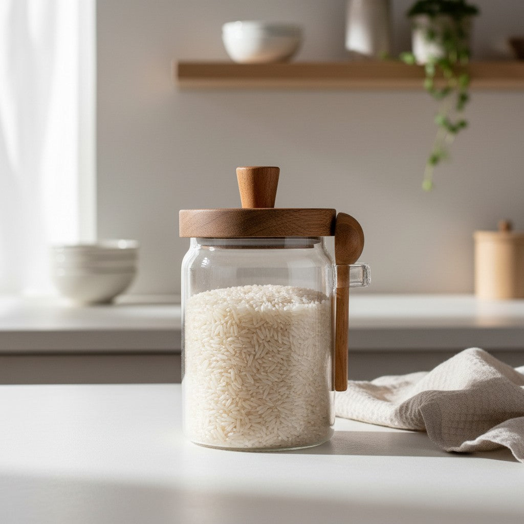 Frasco de vidrio WISHFUL de 650ml con tapa de madera de acacia y cuchara integrada, lleno de arroz en cocina moderna.