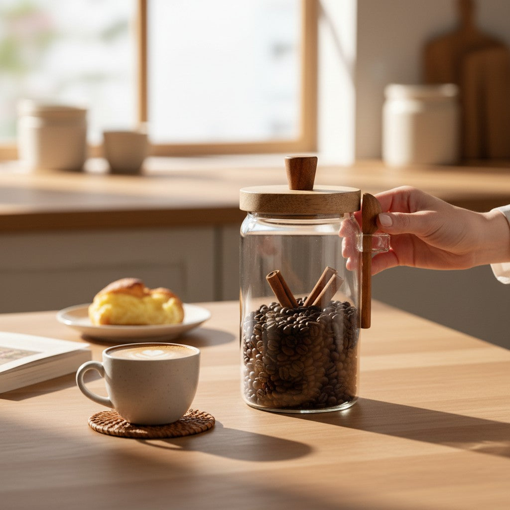 Frasco de vidrio WISHFUL de 800ml con tapa de madera de acacia y cuchara integrada, lleno de granos de café