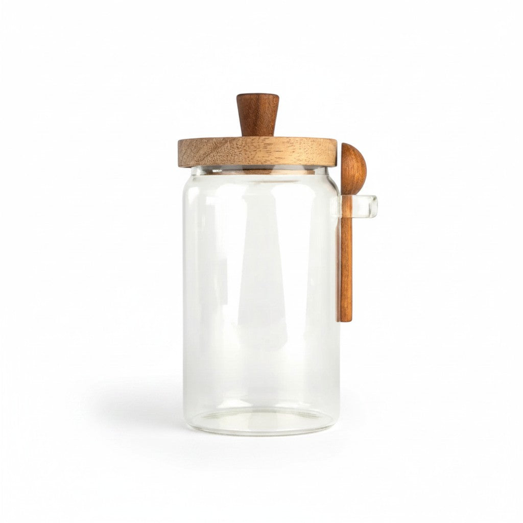 Frasco de vidrio WISHFUL de 800ml con tapa de madera de acacia y cuchara a juego, ideal para almacenamiento en cocina.