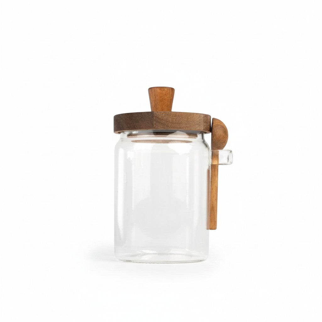 Frasco de vidrio WISHFUL de 650ml con tapa de madera de acacia y cuchara a juego, diseño elegante para cocina