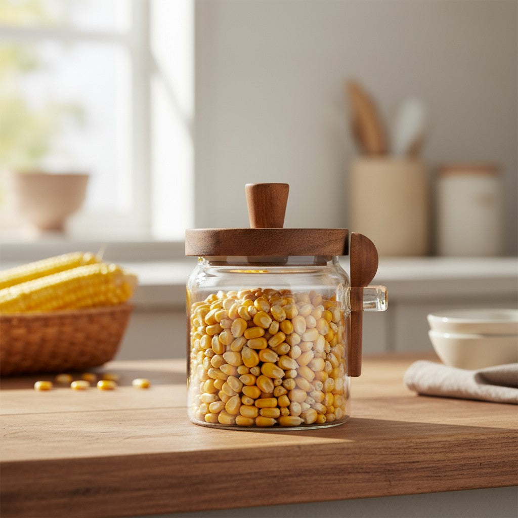 Frasco de vidrio WISHFUL de 400ml con tapa de madera de acacia y cuchara integrada, lleno de granos de maíz.