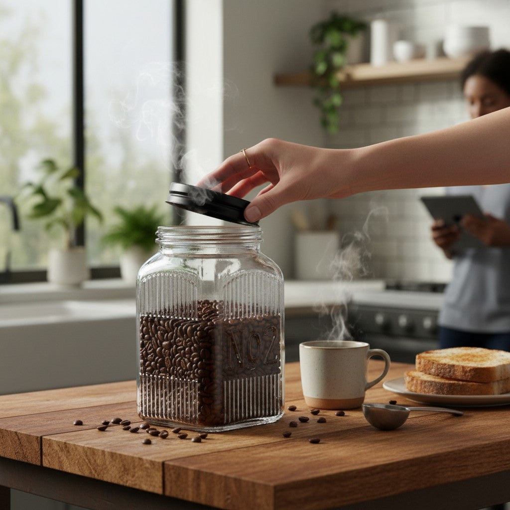 Frasco cuadrado de vidrio WISHFUL de 16 cm con tapa negra, lleno de granos de café sobre una mesa de madera