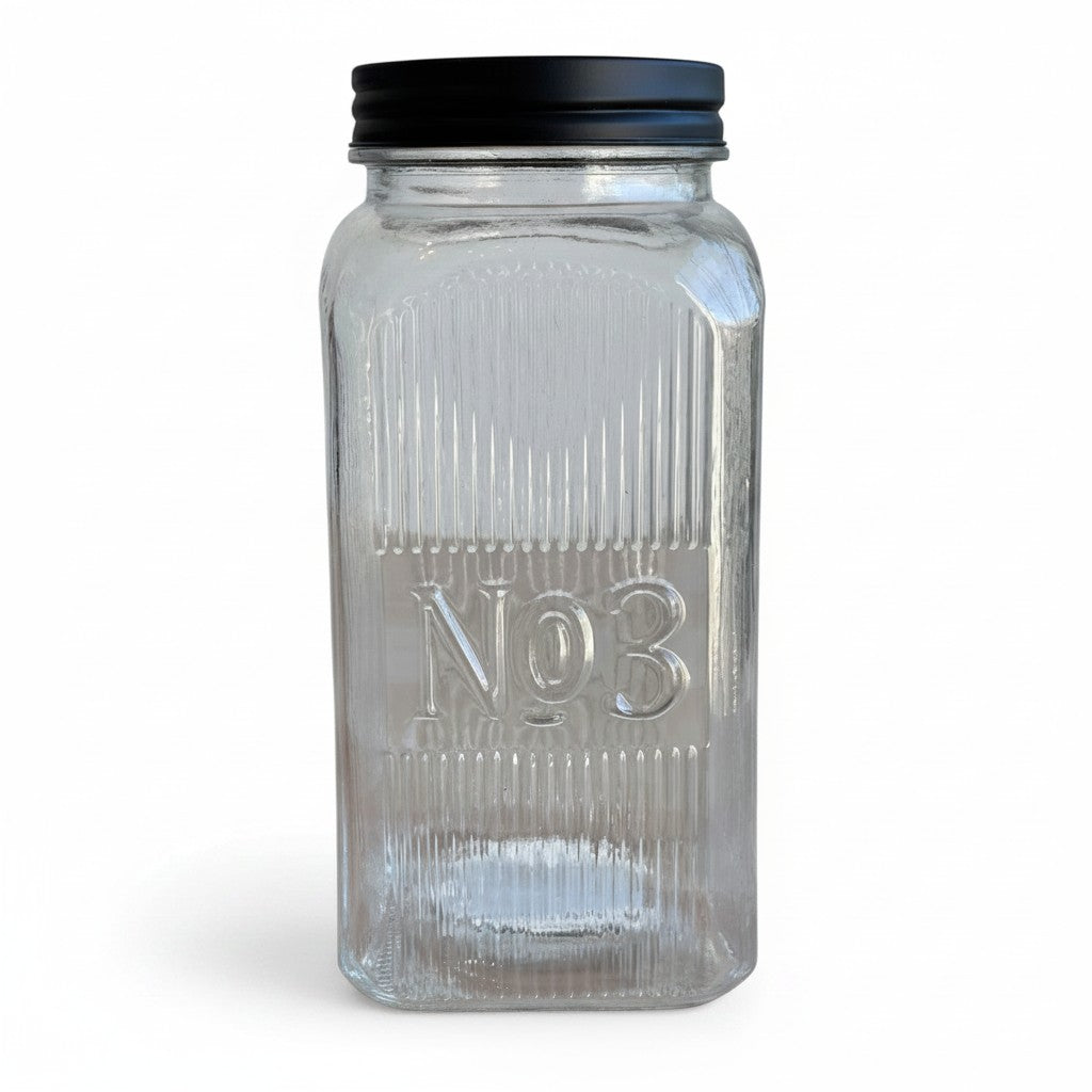 Frasco de vidrio cuadrado WISHFUL de 1500ml con relieve No3 y tapa negra hermética para almacenamiento de cocina