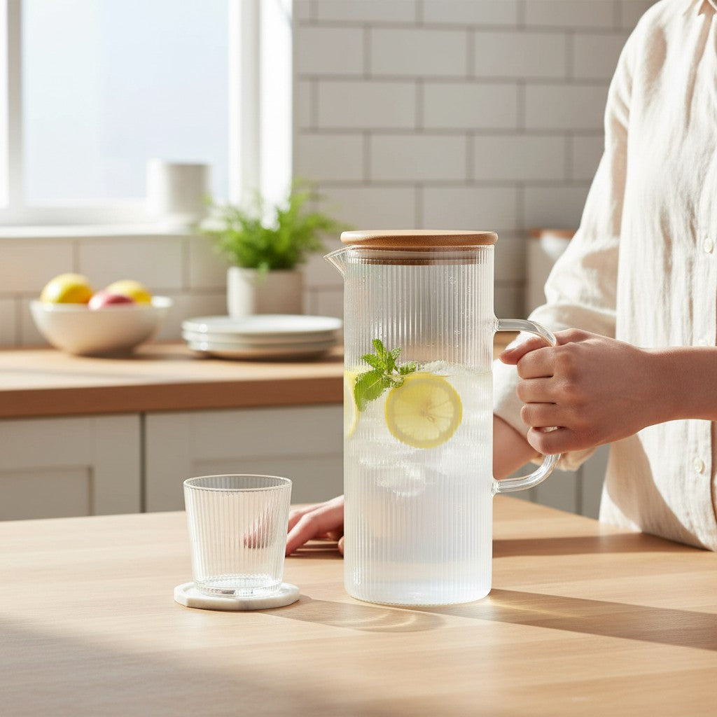 Jarra de vidrio estriado de 1.5 litros WISHFUL con tapa de bambú, conteniendo agua con rodajas de limón y menta.