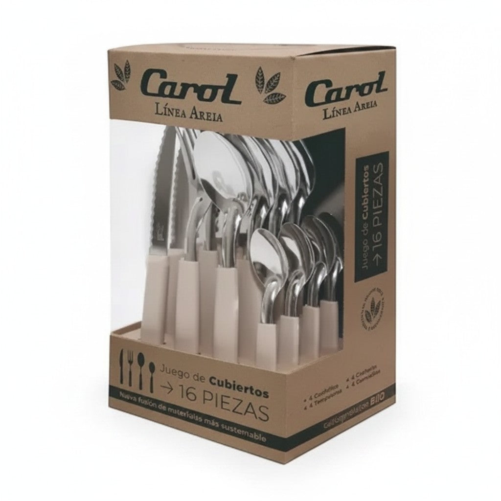 Juego de cubiertos WISHFUL Carol de 16 piezas con mangos color arena y acabado en acero inoxidable en caja de regalo