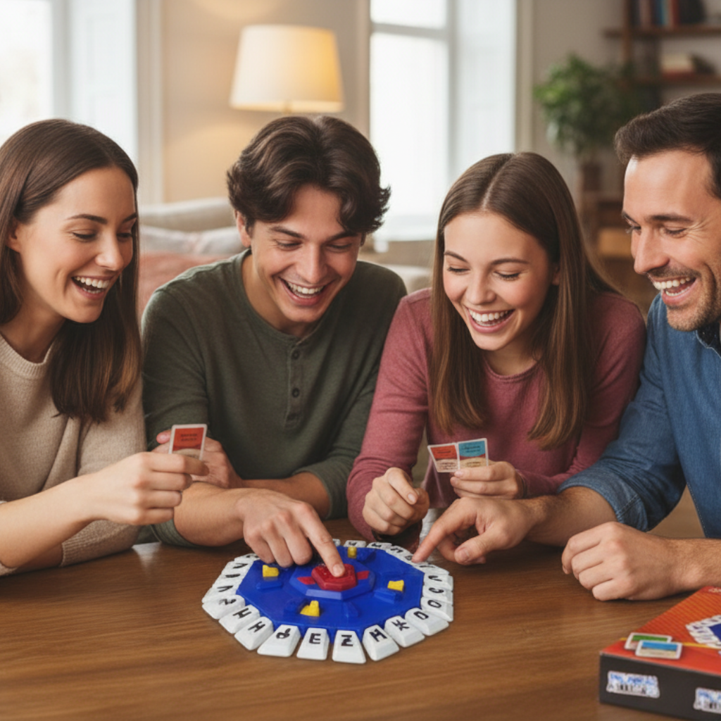 Grupo de amigos jugando al juego de mesa WISHFUL Juego Palabras a Tiempo con tablero circular y tarjetas de letras
