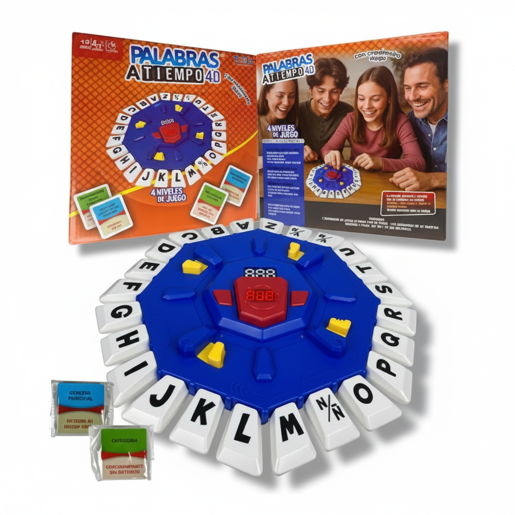 Juego de mesa Palabras a Tiempo 4.0 de WISHFUL con tablero circular azul, letras blancas y pantalla digital central
