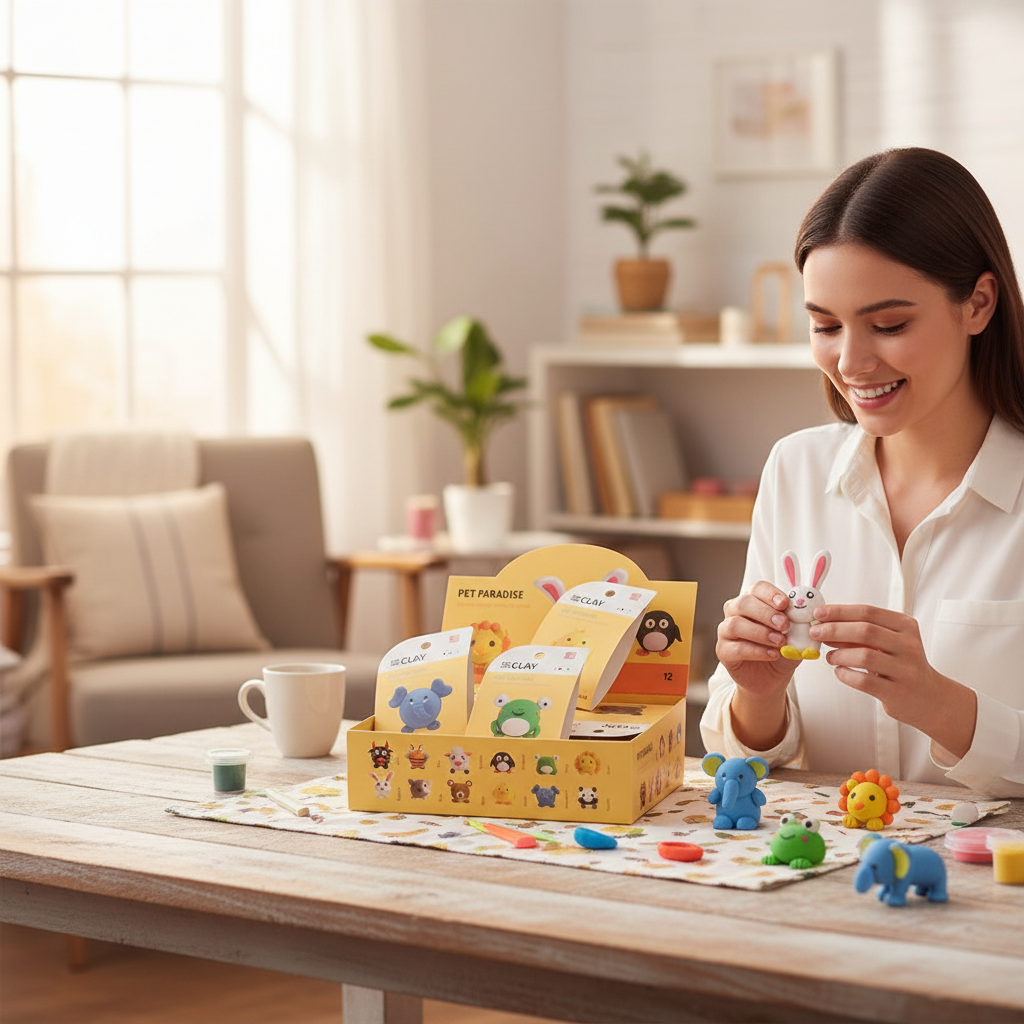 Mujer sonriente modelando figuras de animales con WISHFUL masa ultra liviana air dry clay en una mesa iluminada