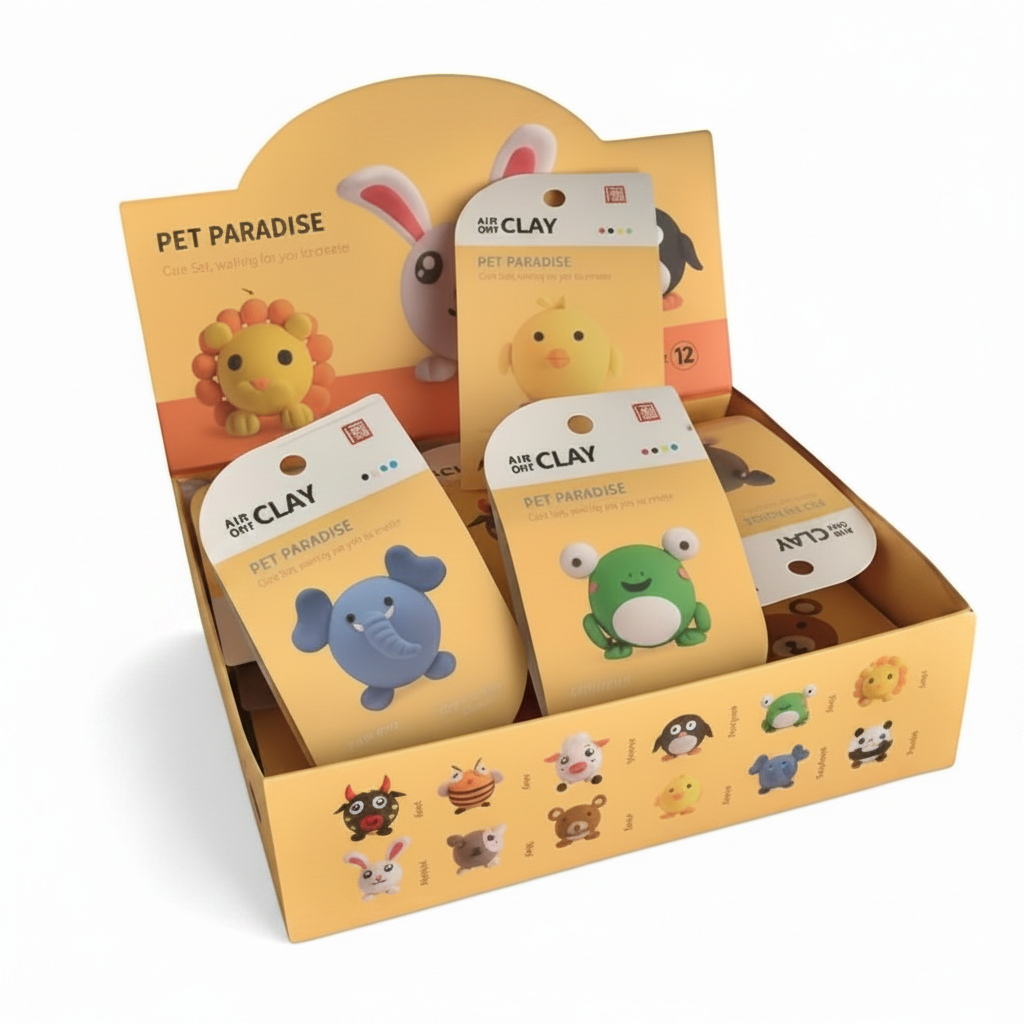 Expositor de WISHFUL con paquetes de masa ultra liviana Air Dry Clay para modelar figuras de animales coloridas
