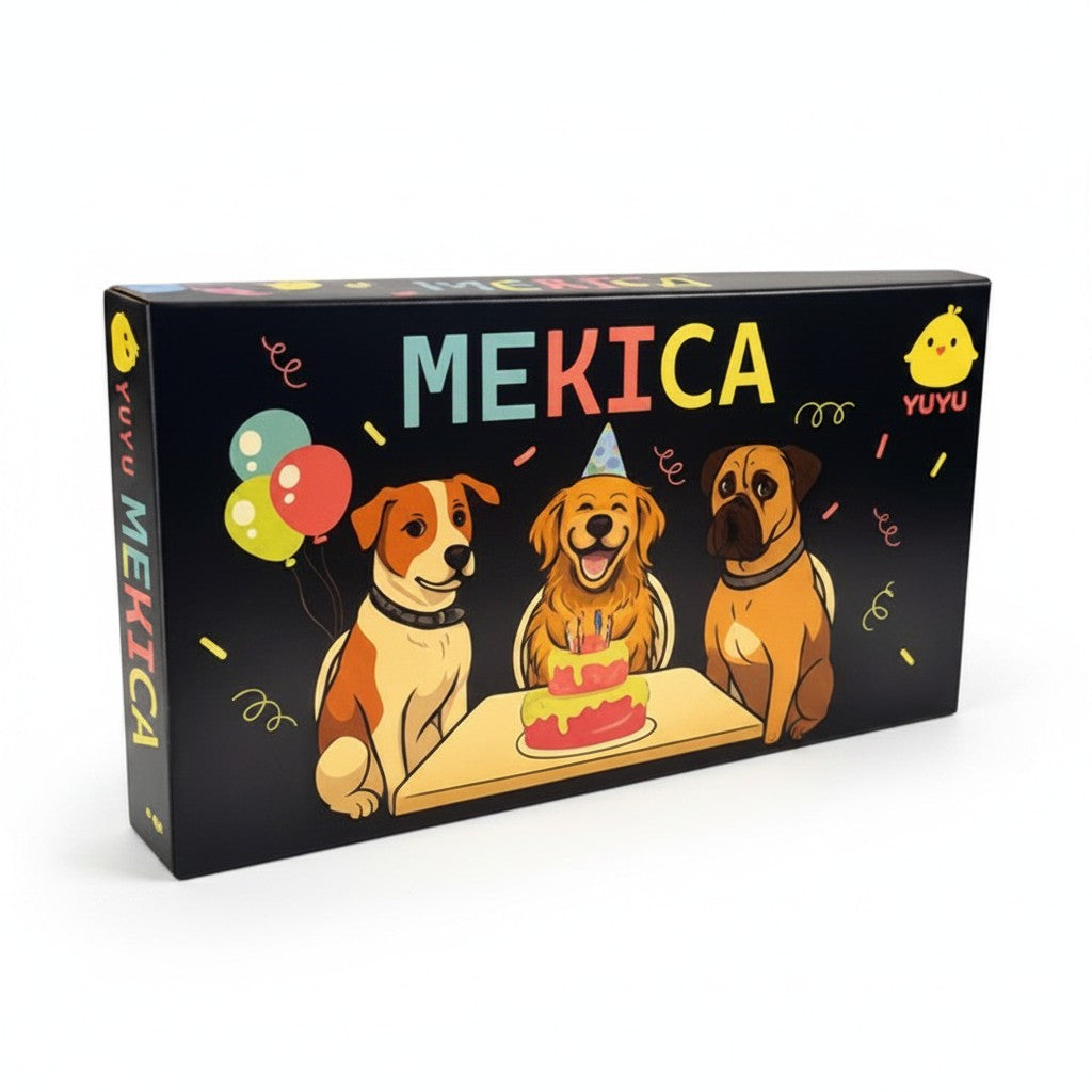 Caja de juego WISHFUL MEKICA YUYU con ilustración de perros celebrando un cumpleaños con pastel y globos