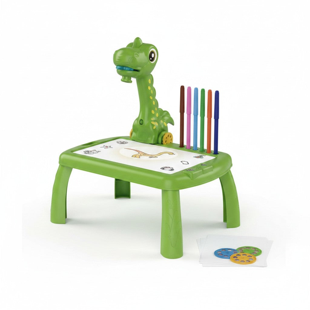 Mesa de dibujo con proyector de dinosaurio WISHFUL en color verde, incluye rotuladores y discos de diapositivas.