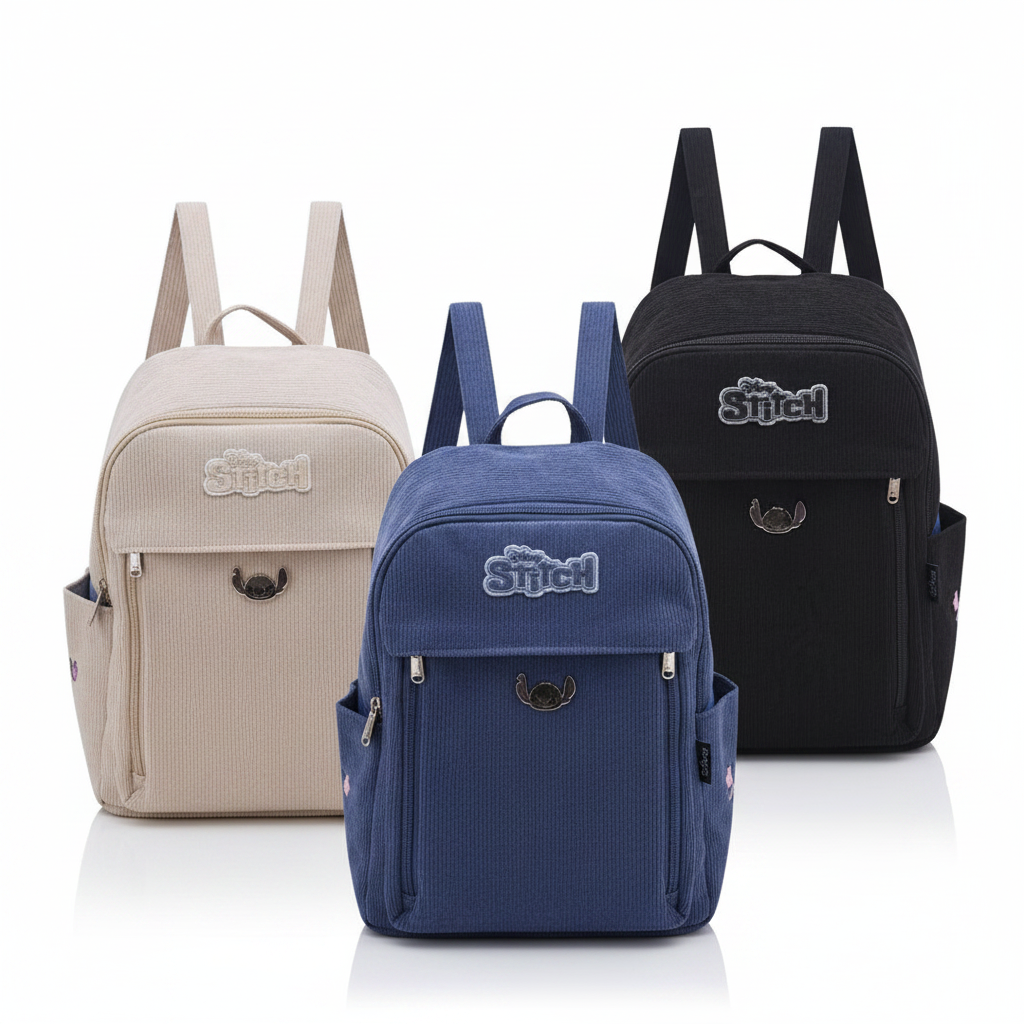 Mochilas WISHFUL de corduroy con diseño de Stitch, compartimento para notebook de 13 pulgadas en beige, azul y negro.