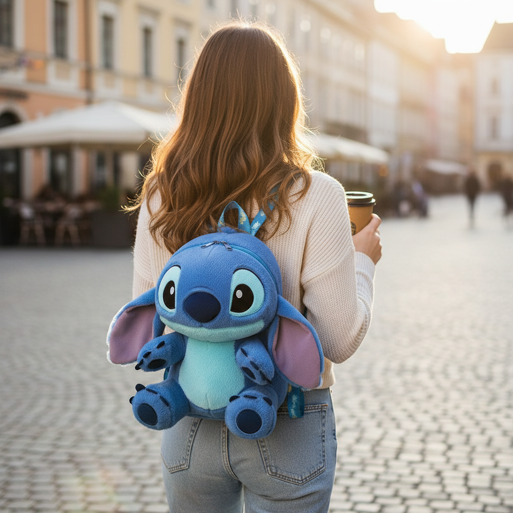 Mochila de peluche azul de Stitch de 30 cm con correas de WISHFUL, llevada por una mujer en una calle urbana.