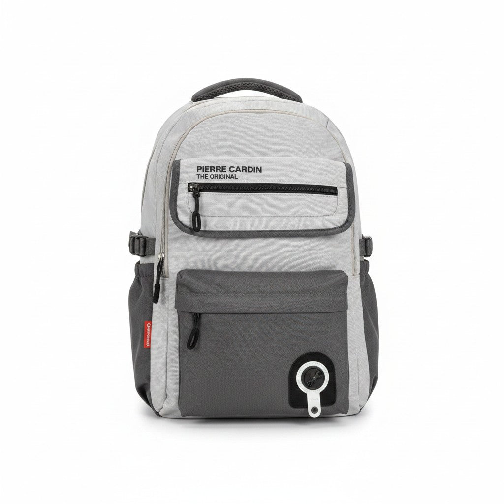 Mochila WISHFUL Pierre Cardin bicolor en tonos gris claro y oscuro con múltiples compartimentos y cremalleras
