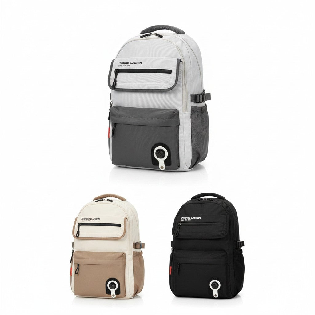 Mochila WISHFUL Pierre Cardin bicolor con compartimentos frontales y diseño moderno en tonos gris, beige y negro.