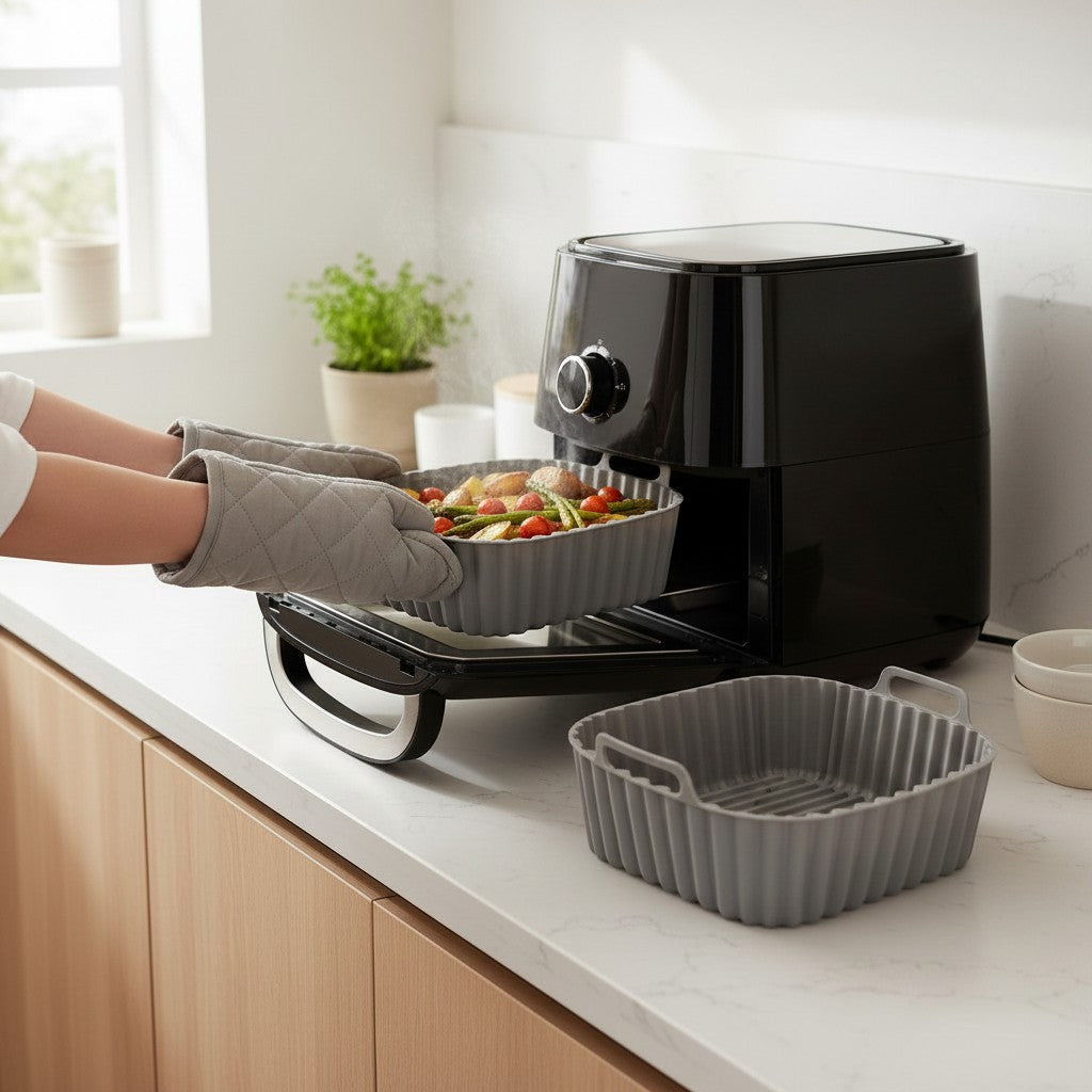 Persona usando guantes de cocina para sacar un molde cuadrado de silicona gris WISHFUL de una freidora de aire negra